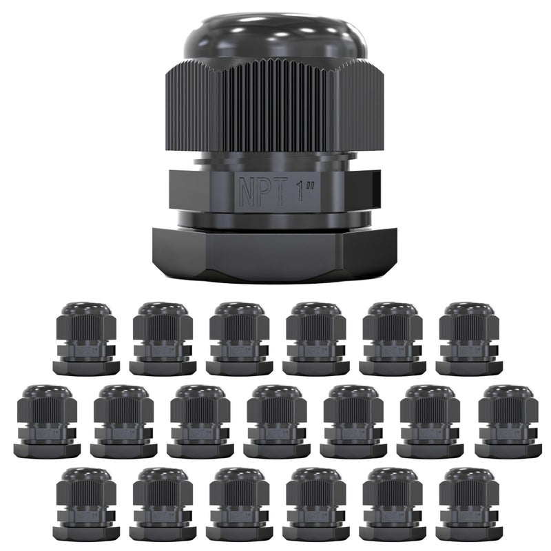 MGI SpeedWare 1" NPT Strain Relief Nylon Cord Grip Cable Glands, Black Plastic Grommet 20-Pack - Image 1